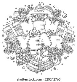 New Year composition in doodle style. Floral, ornate, tribal, decor design elements. Black and white background. Christmas tree, bells, bow. Zentangle coloring book page