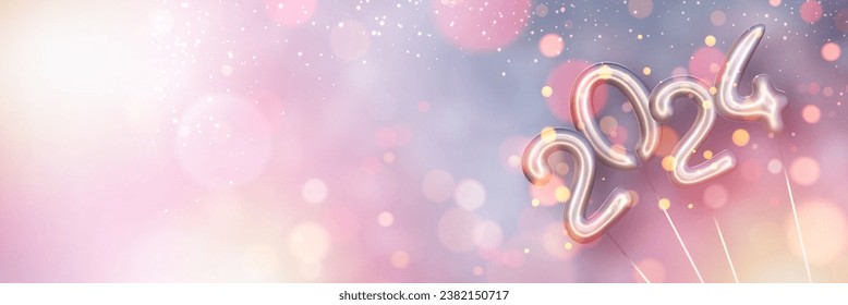 New year composition with figure 2024 made of silver foil balloons with golden sparkles and defocused confetti on light background. Vector Christmas illustration.