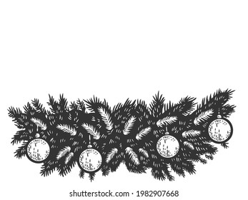 New Year composition of fir branches and New Years toys. Engraving vector illustration.