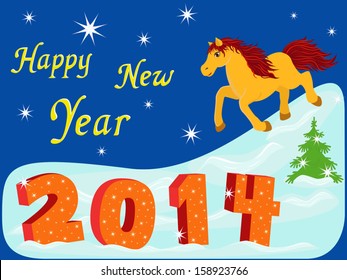 New Year composition with symbol 2014 year a running Horse, hand drawing vector illustration