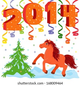 New Year composition and symbol 2014 year a running Horse, hand drawing vector illustration