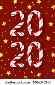 New Year concept - 2020 candy numbers on red background with golden stars for winter holidays design