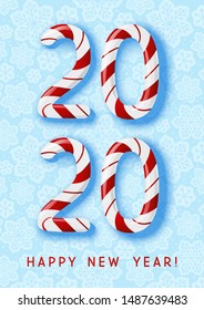 New Year concept - 2020 candy numbers on blue snowflakes background for winter holidays design