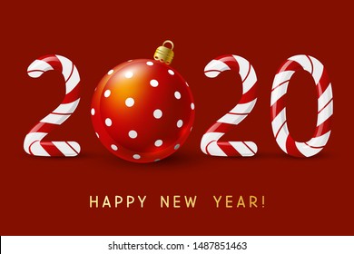 New Year concept - 2020 candy numbers with Christmas ball on red background