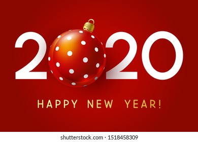 New Year concept - 2020 numbers with Christmas ball on red background  for winter holidays design
