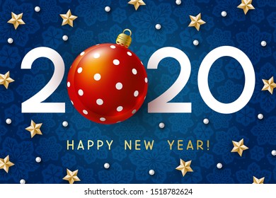New Year concept - 2020 numbers with Christmas ball and starry decor on blue snowflakes background for winter holidays design