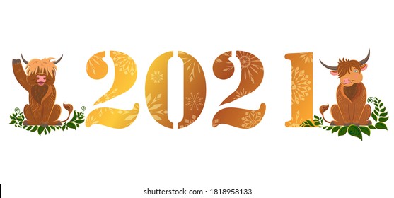 New year concept. The year 2021 is colored with snowflakes and surrounded by cute Scottish long-haired bulls in a cartoon style. Vector greeting card design template.