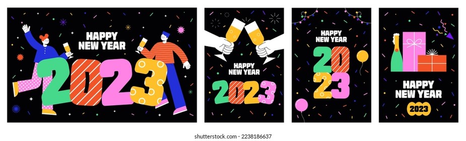 New Year Concept. 2023 number. Party Event Dancing, Drinking Champagne. happy young people celebration. Banner, greeting card, media post template, Modern style. Colorful flat vector illustration.