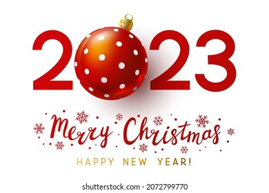 Concepto de Año Nuevo - números de 2023 con bola de Navidad en fondo blanco para diseño de vacaciones de invierno
