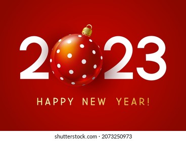 New Year concept - 2023 numbers with Christmas ball on red background  for winter holidays design