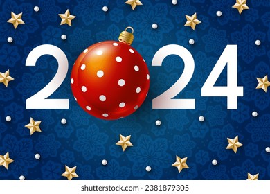 New Year concept - 2024 numbers with Christmas ball and starry decor on blue snowflakes background for winter holidays design