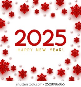 Neujahrskonzept - Zahlen 2025 auf weißem Hintergrund mit Papier Schneeflocken für Winterurlaub Design