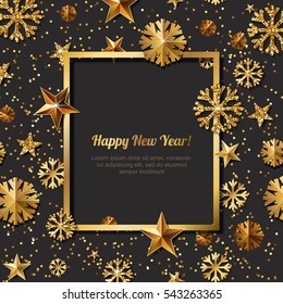 New Year concept. 3d gold stars and snowflakes with square frame on black background with place for text. Vector illustration. Design for for banner, flyer, party invitation, holiday greeting card.