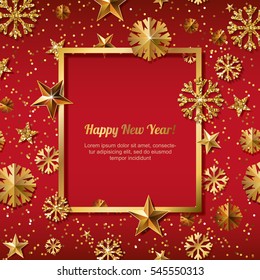 Concepto de Año Nuevo. Estrellas de oro 3d y copos de nieve con marco cuadrado sobre fondo rojo con lugar para texto. Ilustración vectorial. Diseño para banner, volante, invitación de fiesta, tarjeta de felicitación de vacaciones.