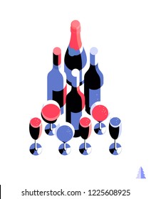 New Year concept. Bottles and glasses arranged in the shape of a Christmas tree. Set of items, isolated, white background. Vector illustration