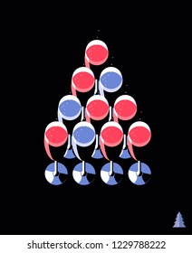 New Year concept. Champagne glasses arranged in the shape of a Christmas tree. Set of items, isolated, black background. Vector illustration