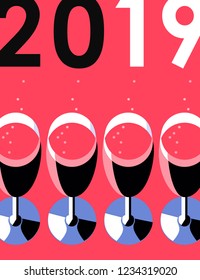 New Year concept. Champagne glasses, set of items, isolated, red background. Vector illustration