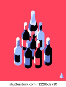 New Year concept. Champagne and wine bottles arranged in the shape of a Christmas tree. Set of items, isolated, red background. Vector illustration