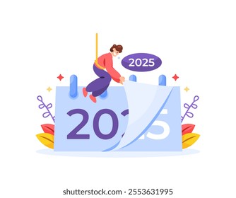 new year concept. change of year 2024 to year 2025. happy new year 2025. yearly, day, and time. illustration of a man turning the paper of calendar page. flat style design. element
