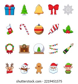 New Year concept. Collection of colorful vector cartoon illustrations of snowflake, tree, bow, Jingle bell, sock, candy and other elements for adverts, sites, shops, books 