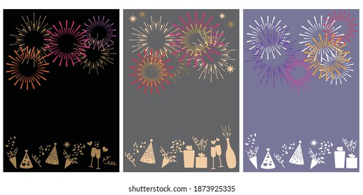 New year concept. New year design decoration with fireworks and festive elements. Vector illustration.