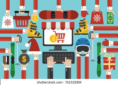 New Year concept design flat online sale of ski equipment.Vector illustration