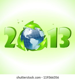 New Year Concept with Earth and Environmental Arrows, City Skyline, Tree and Birds, isolated on white background icon, vector illustration