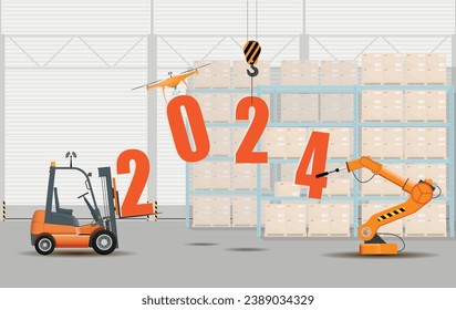 New year concept. Figures of the new year 2024 with the use of warehouse equipment. Vector illustration.