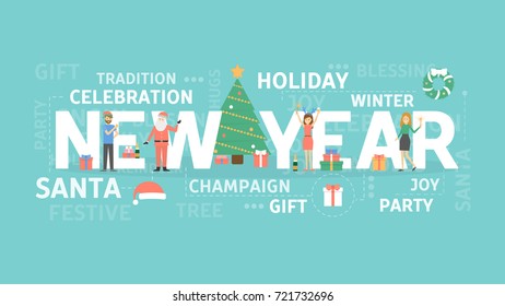 New year concept illustration. Holiday and Santa, party and gifts.