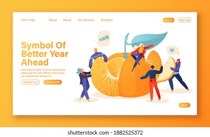 New year concept for landing page template. Tiny little people characters in flat cartoon style clean huge bright, delicious tangerine. Men and women divide fruit into slices and control process.