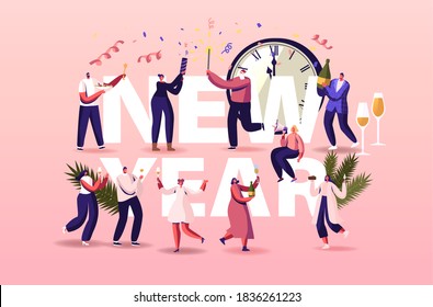 New Year Concept. Male Female Characters Celebrating Winter Season Holidays, Corporate Party Event Dancing, Drinking Champagne. People Celebration Poster Banner Flyer. Cartoon Vector Illustration