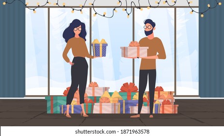 New year concept. A man and a woman give each other gifts. Christmas room, a mountain of gifts, winter outside the window. Vector.