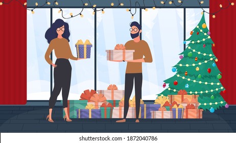 New year concept. A man and a woman give each other gifts. Christmas room, a mountain of gifts, a tree with garlands, winter outside the window. Vector.