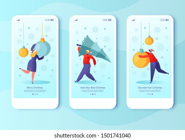 Neujahrskonzept für mobile App-Seite, Onboard-Bildschirm-Set. Menschen bereiten sich auf den Urlaub vor. Sie tragen einen Weihnachtsbaum, hängen Dekorationen. Charaktere im Vorgriff auf den Urlaub. 