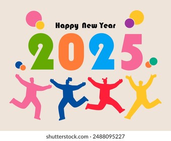 New Year concept. People celebrating next to numbers 2025. Colorful vector illustration