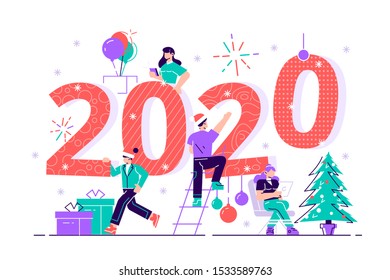 Concepto de Año Nuevo. Preparándose para el nuevo año 2020. Empresarios construyendo los números 2020. El equipo de la compañía se prepara para el nuevo año con un claro fondo de cielo. Ilustración vectorial de diseño plano