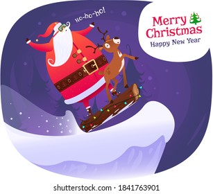 New year concept. Santa Claus is riding a log with his reindeer