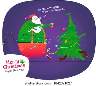 New Year concept. Santa Claus decided to decorate the Christmas tree with toys, but then a miracle happened