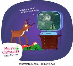 New Year concept. Santa sat down to play a computer game, and then a miracle happened