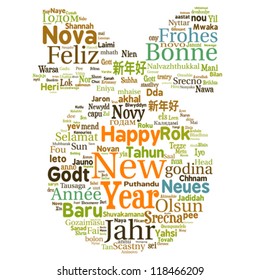 New Year Concept from Tag Cloud in Shape of Christmas Tree Ball with Bow, isolated on white