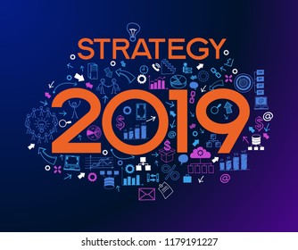 new Year concept. Two thousand and nineteen text design on creative business success strategy. Concept modern template layout 2019 text surrounded by doodle icons