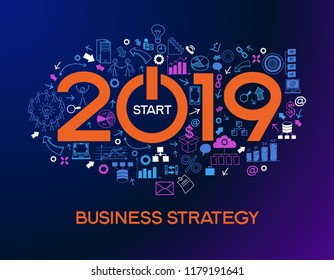 concepto de Año Nuevo. Dos mil diecinueve diseños de texto sobre la estrategia de éxito empresarial creativa. Concepto diseño moderno de plantillas 2019 texto rodeado de iconos de doodle