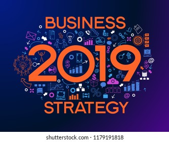 Neujahrskonzept. Zweitausendneunzehntausend Texte zur kreativen Business-Erfolgsstrategie. Konzeption des modernen Vorlagenlayouts 2019, umgeben von Dodle-Symbolen