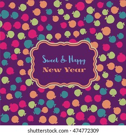 New Year concept. Typography poster. Bright color pattern of apple pomegranate. Congratulation sweet happy wish. Greeting card template. Design idea of party decoration background. Vector illustration