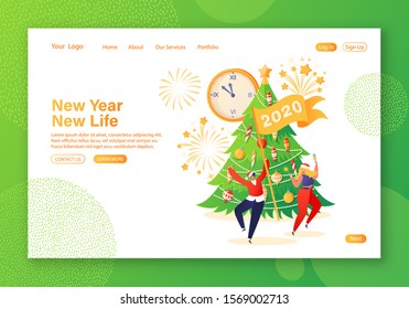 New Year concept for website landing page.Flat people celebrating party, having fun and dancing at decorated Christmas tree, fireworks and big clock. Celebration theme for web page banner. 