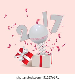 New Year concept,surprising box with a text 2017 and confetti jumping out like a jack in the box. Vector illustration.