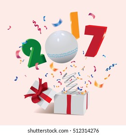 New Year concept,surprising gift box with a text 2017 and confetti jumping out like a jack in the box.Vector illustration.