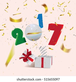 New Year concept,surprising gift box with a text 2017 and bokeh confetti jumping out like a jack in the box.Vector illustration.