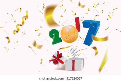 New Year concept,surprising gift box with a year 2017 and bokeh confetti jumping out like a jack in the box.Vector illustration.