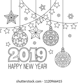 New year congratulation card with numbers 2019, christmas balls, stars, garlands. Antistress coloring book for adults. Zentangle inspired style. Zen monochrome graphic. Editable vector illustration